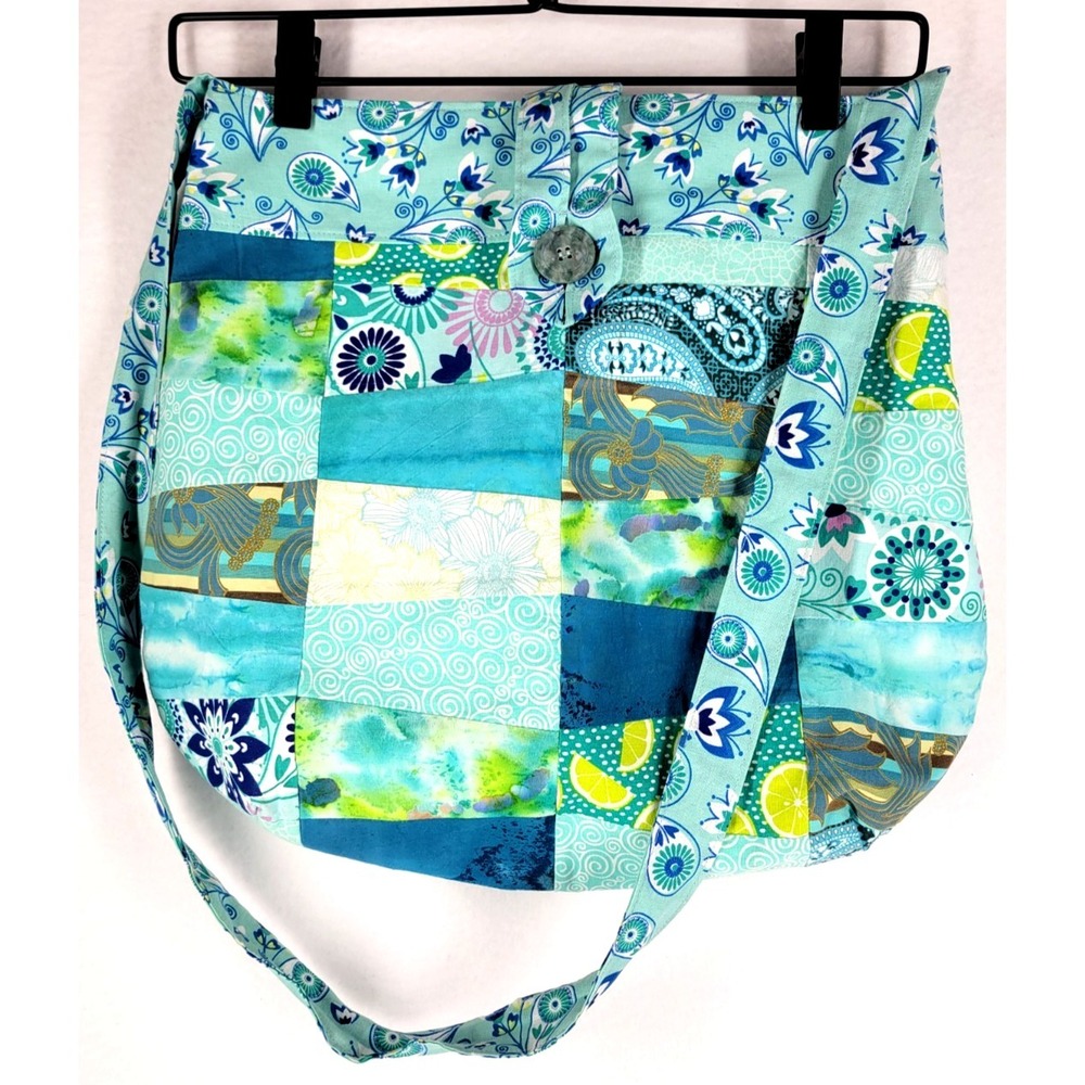Patchwork Floral Quilted Shoulder Bag Blue Green Cotton Reversible Boho Coastal
